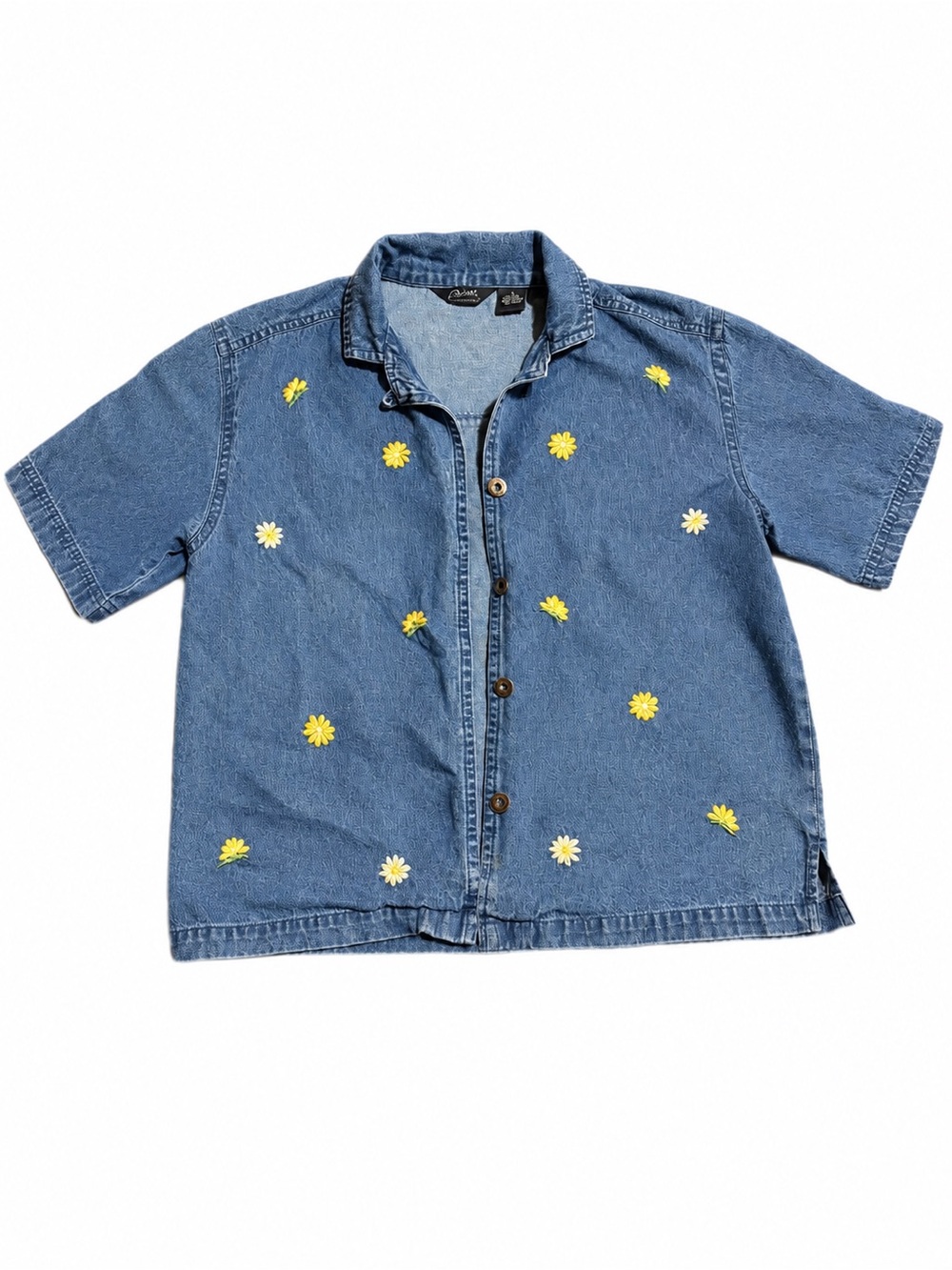 Vintage Agapo Embroidered Denim Button-Up Shirt – Floral Daisy – Size Large